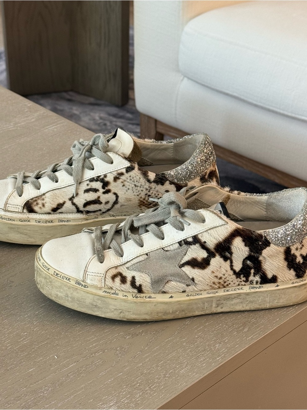 Golden Goose Cowhide White & Grey Glitter Heel Hi Star Sneakers - Picture 5 of 7